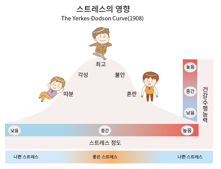 스트레스의 영향 -> 따분한상태- 스트레스 정도 낮음, 건강/수행능력 낮음 , 각성상태- 스트레스 정도 중간, 건강/수행능력 중간 , 최고상태- 스트레스 정도 중간, 건강/수행능력 높음 ,  불안상태 - 스트레스 정도 중간, 건강/수행능력 중간 , 혼란상태 - 스트레스 정도 높음, 건강/수행능력 낮음