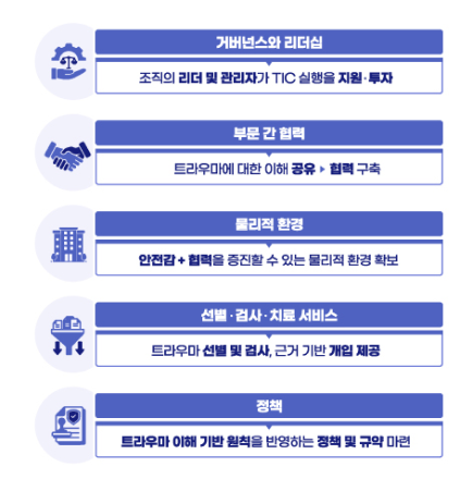 거버넌스와 리더십-조직의 리더 및 관리자가 TIC 실행을 지원·투자 부문 간 협력-트라우마에 대한 이해 공유를 기반으로 한 협력 구축 물리적 환경-안전감, 협력을 증진할 수 있는 물리적 환경 확보 선별·검사·치료 서비스-트라우마 선별 및 검사, 근거 기반 개입 제공 정책-트라우마 이해 기반 원칙을 반영하는 정책 및 규약 마련